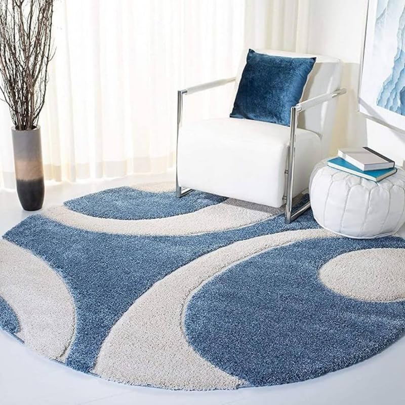 SHAG WEAVING CARPET® Round Shape Micro Polyester Yarn Super Soft Fluffy Area Rug Handmade 2.5 Inches (Thickness,Pile) Color White/Light Blue Size(3x3 Feet 90x90 Cm)-image-10