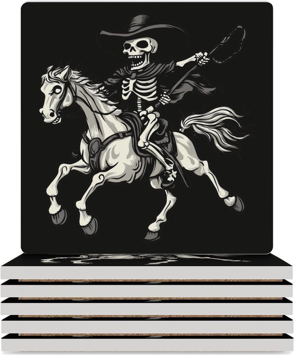 Skeleton Riding Horse Print Ceramic Coasters Set Square Drink Coasters Table Coaster for Kitchen Desktop Decor