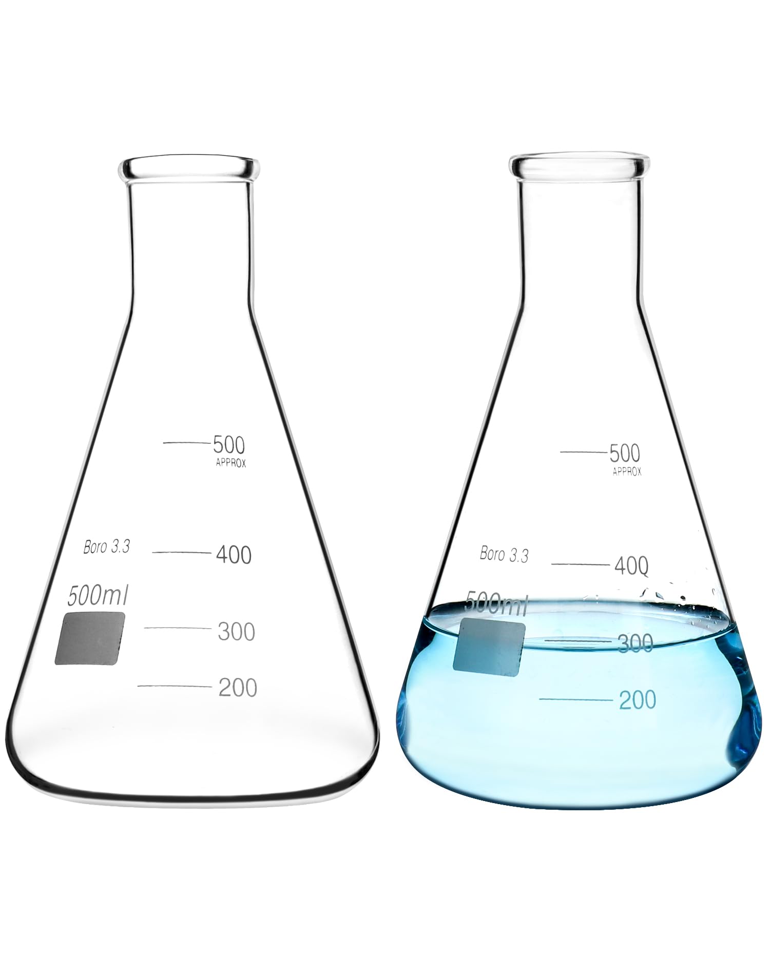 QWORK Erlenmeyer Flask Set, 2 Pcs 500ML Borosilicate Glass Conical Flasks with Narrow Mouth, Printed Scale, for Lab, Classroom, Kitchen, Craft, Home