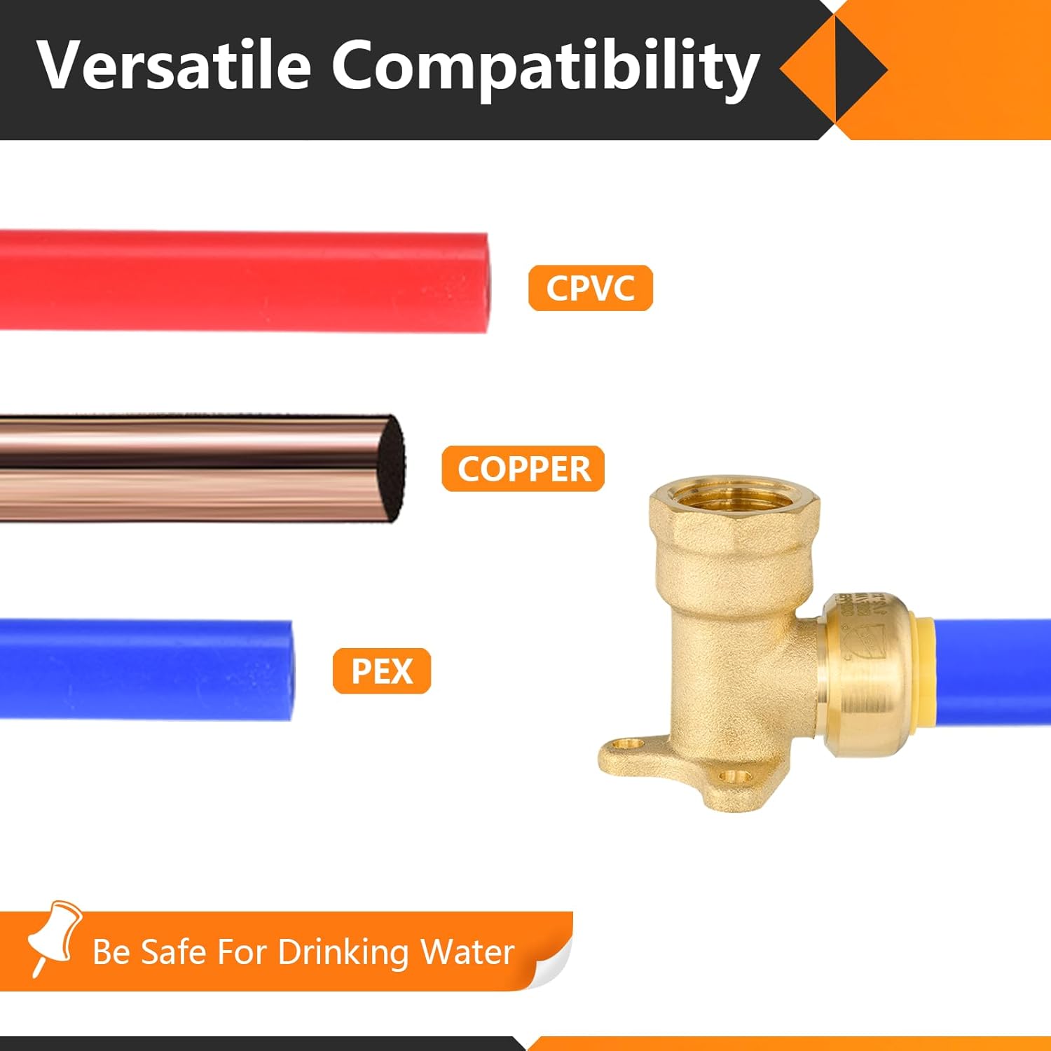 50-Pack HeSun Pushfit Drop-ear Elbow, 1/2" Female NPT x 1/2" Push to Connect Plumbing Fittings with Disconnect Clip, Brass Push-fit Fittings for PEX, Copper, CPVC, PE-RT Pipes(PF066-50)