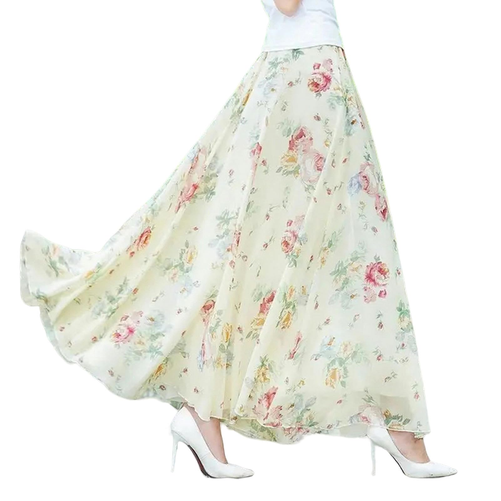 Rock Damen Chiffon Großer Saum -Maxirock Langer Hoher Taille Der Frauen Eleganter Freizeitrock-beige Pfingstrose-XL