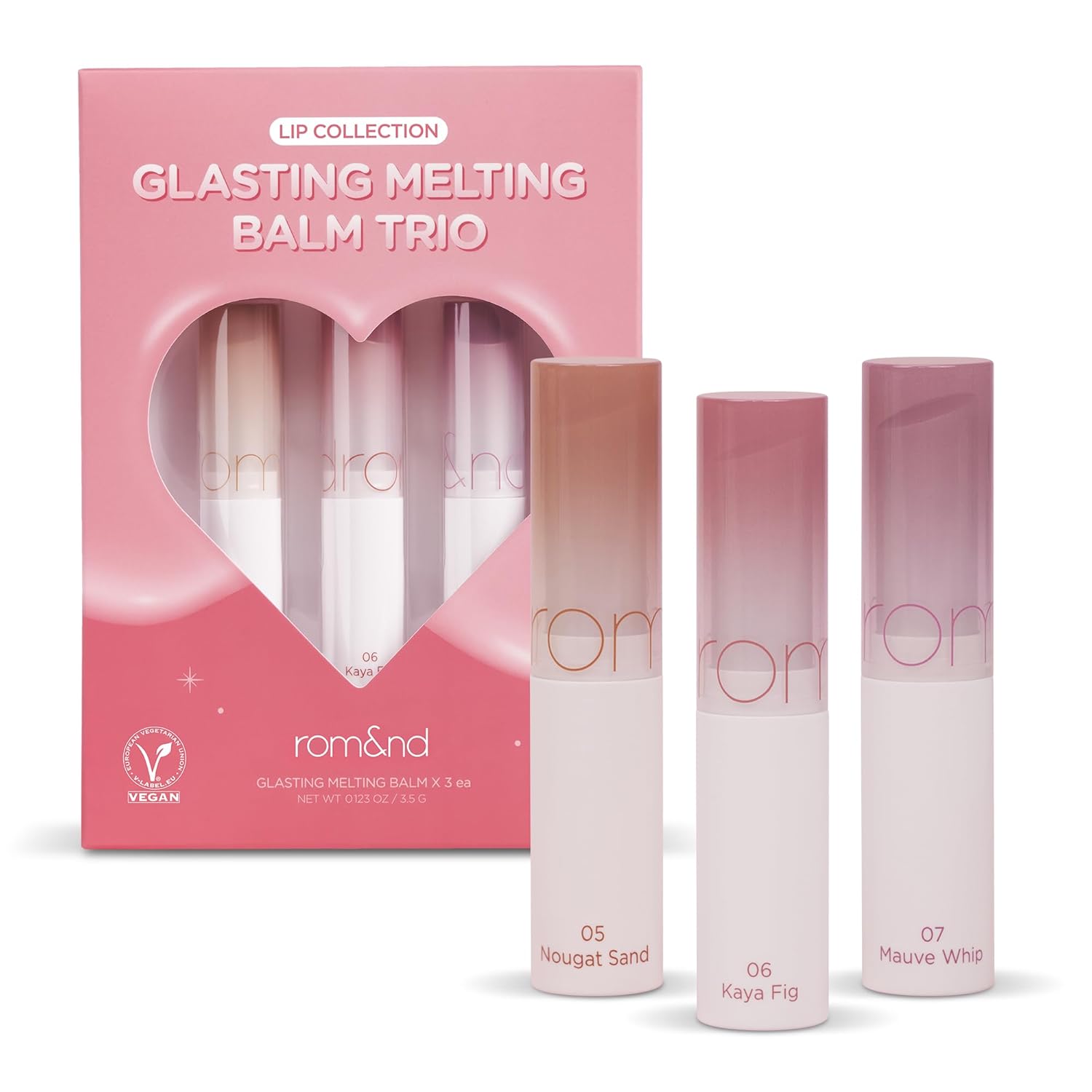 rom&nd Glasting Melting Balm Trio | Hydrating Lip Balm Set for Crystal Shine & Vivid Daily Colors | Non-Sticky, Gentle Formula for Plump, Dewy Lips | #05 Nougat Sand, #06 Kaya Fig, #07 Mauve Whip - Image 2