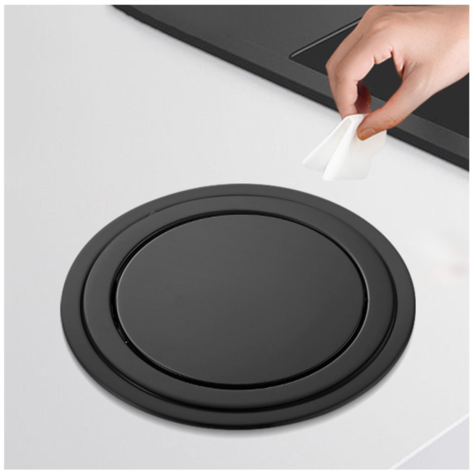 TIANQIHAO Trash Can Cover - Built-In 304 Stainless Steel Flap Lid For Kitchen Cabinet - Recessed Round Trash Chute Grommet,Black-Single lid