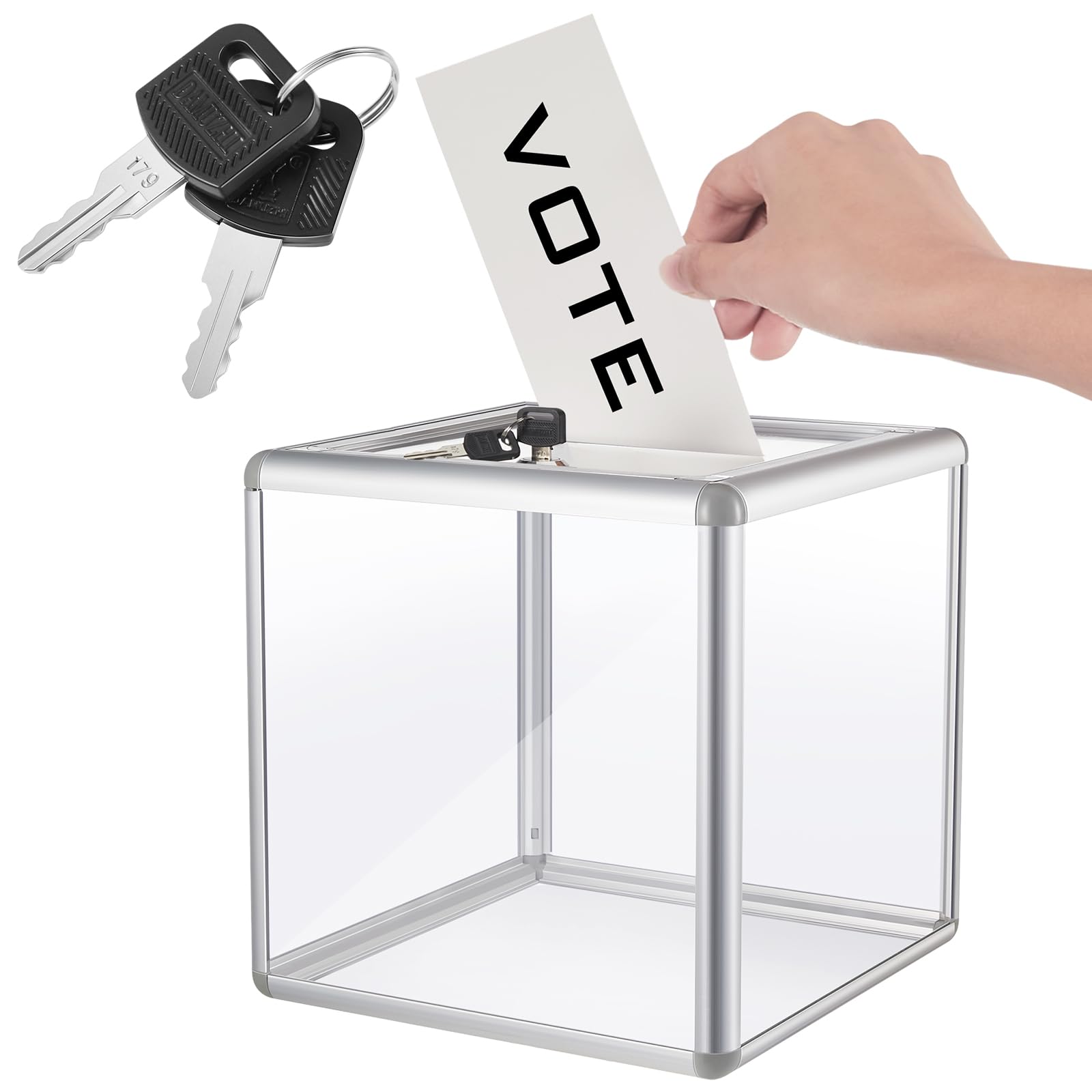 Acrylic Donation Box Reinforcement Large Ballot Box with Slot Raffle Box Suggestion Box with Lock Cash Storage Container for Fundraising Voting Charity Contest Tip (Clear,6 x 6 x 6 In)