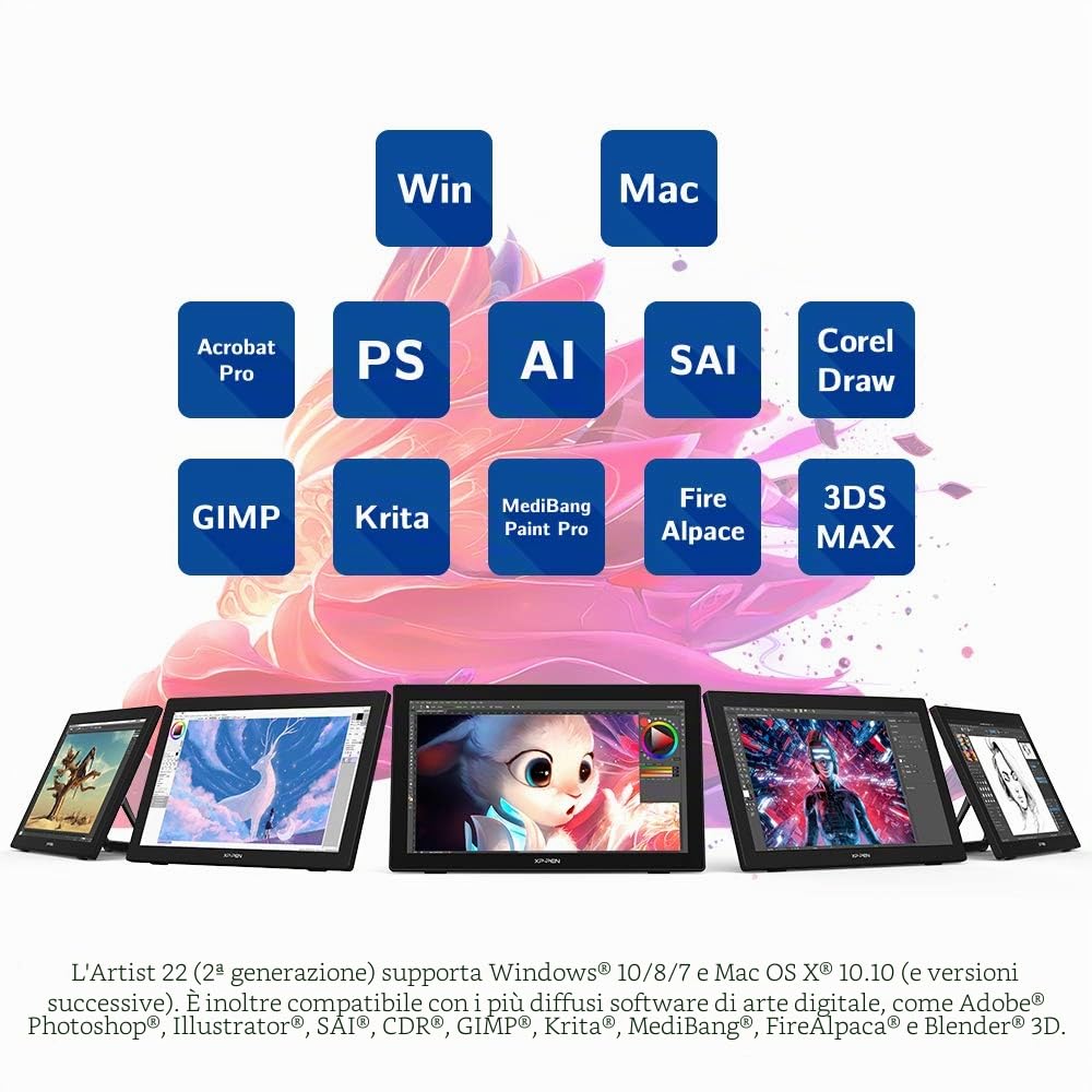 XP-PEN Artist 22 (2a generazione) Tablet da disegno da 21,5" con schermo 1080p con 86% di gamma di colori NTSC, penna senza batteria e supporto regolabile, supporta Windows e Mac