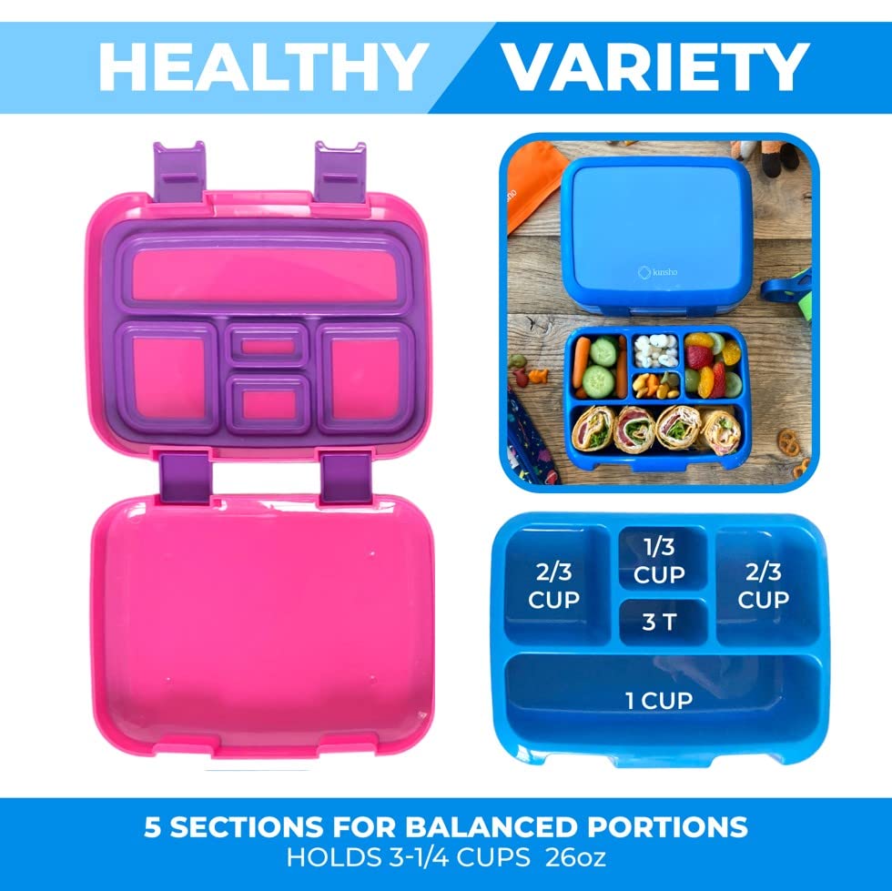 Image of kinsho Bento Lunch Box for Kids Toddlers Boys Girls, 5 Portion Sections Secure Lid, Microwave Safe BPA Free Removable Tray, Pre-School Kid Daycare Lunches Snack Container, Blue & Pink Purple 2 Pack