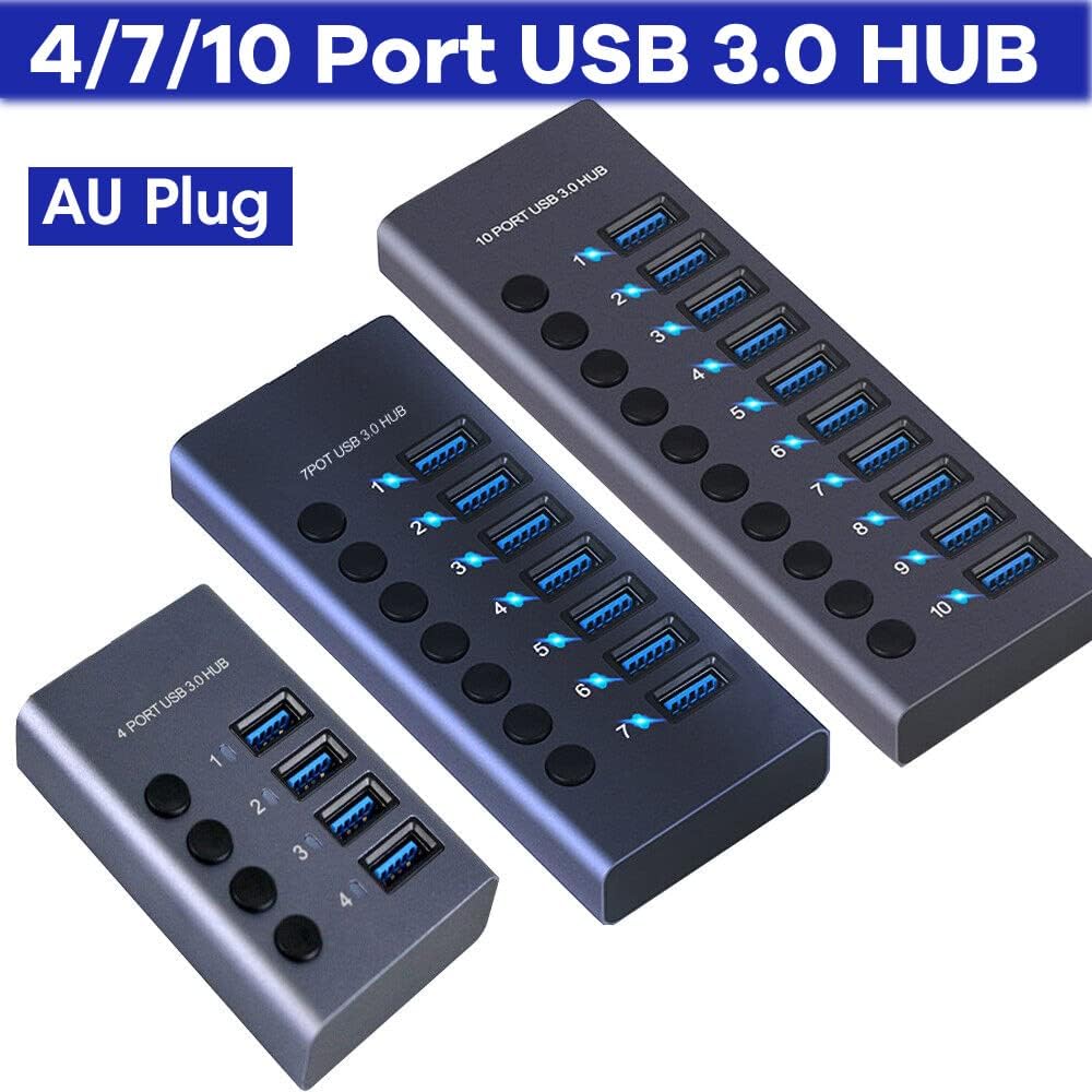 RUNAAJA 4/7/10 Port USB 3.0 HUB Powered +High Speed Splitter Extender Power Supply for MacBook Mac Pro/Mini iMac Surface Pro Laptop/PC (985A-10 Joggle)