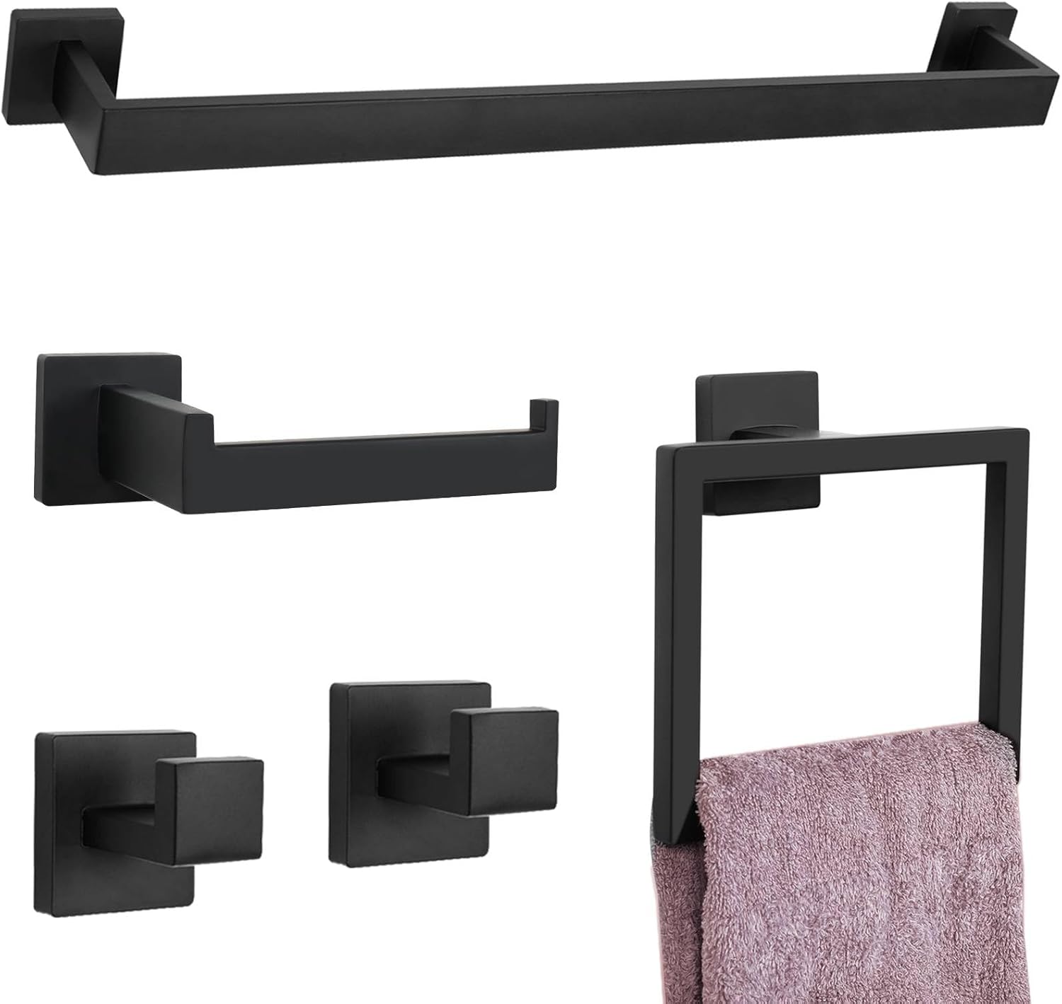 5 Pieces Towel Bar Set Matte Black Bathroom Hardware Accessories Set Include Towel Rack TP Holder Towel Ring Coat Hooks Stainless Steel Wall Mounted Towel Holder Set for Bathroom,23.6 in 5 Pcs Matte Black