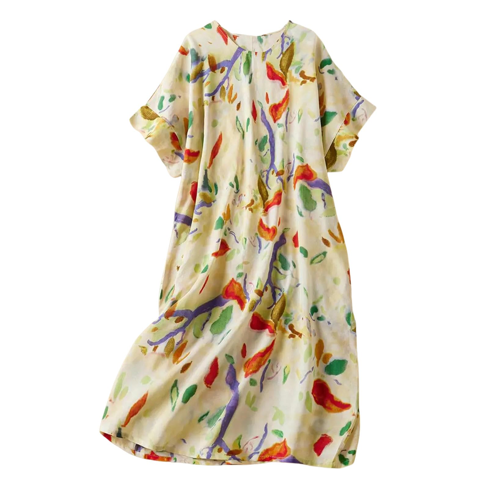 Vestito Donna Abito Floreale Vintage Estivo più Dimensioni Summer Casual Ladies Sbuse Womens Cotton Linen Stampes Women Midi Dress-Vestito Giallo-XXXL