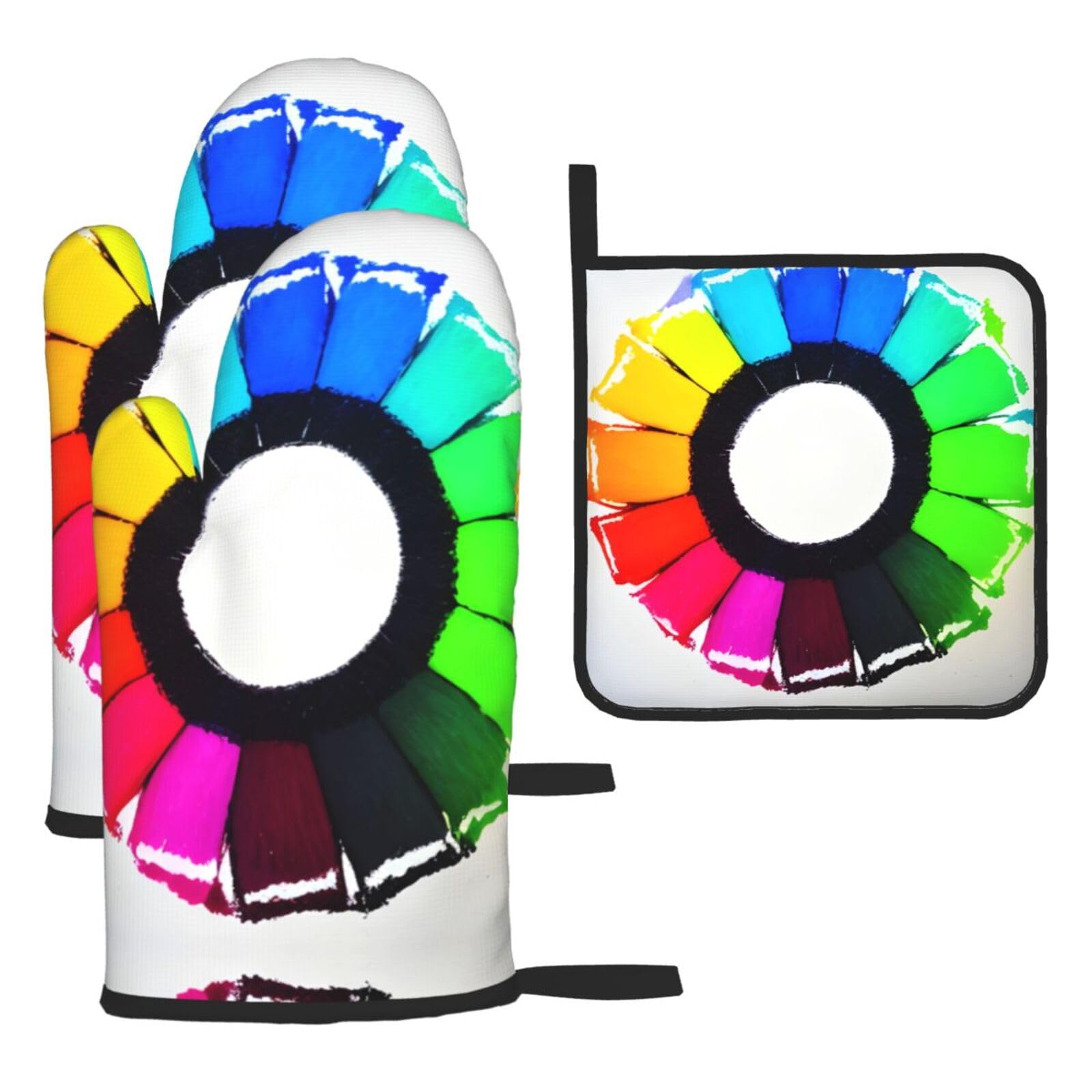 Colored crayon circles Oven mittens and oven mitts three-piece set suitable for oven, grilling, baking, microwave and home cooking.