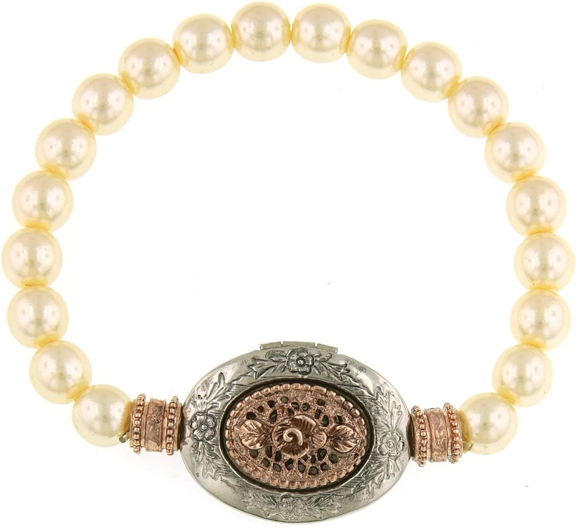 1928 Jewelry Women's Round Faux Pearl Floral Etched Locket Bracelet