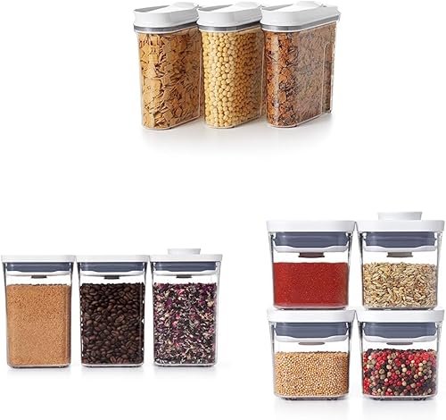OXO Good Grips - Juego de 3 dispensadores de cereales POP Good Grips, juego de 3 recipientes pequeños cuadrados y cortos, color blanco, juego de 4