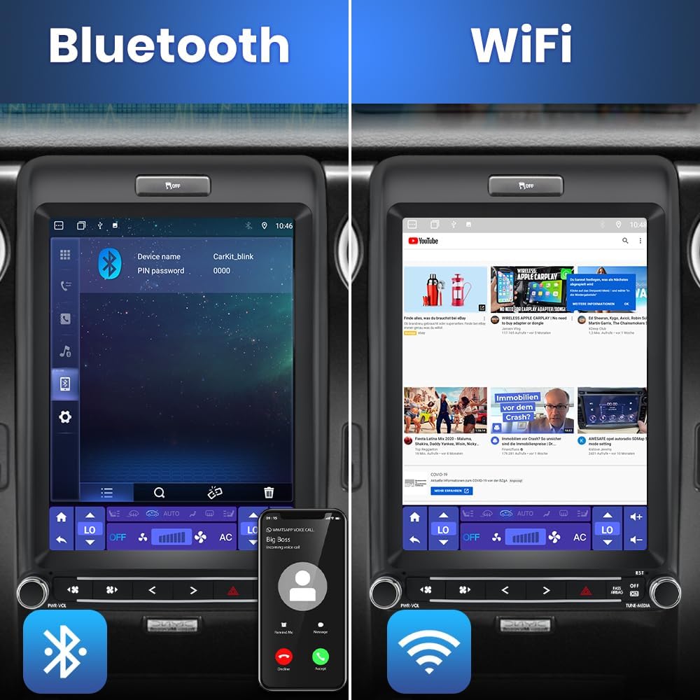 EagleNav car radio displaying Bluetooth pairing screen and WiFi internet browsing