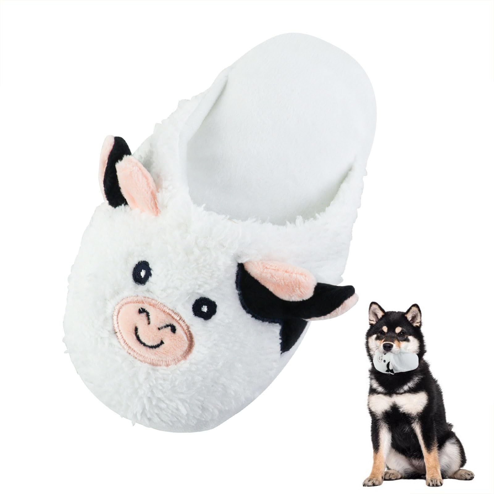 Andiker Dog Squeaky Toy, Cute Slipper Shaped Dogs Chew Toys with a Squeaker and Crinkle Paper, Hide food Dog Stuffed Toy for Small Medium Dogs to Bite and Relieve Boredom and Stress (Cow)