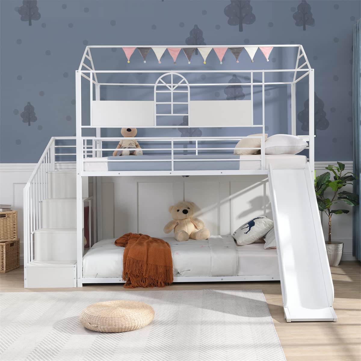 Metal House Bunk Bed with Steps, Twin over Twin Size Bunk Bed with Slide and Roof for Boys Girls Teens Adults, Storage 2-in-1 Bed Frame with Guardrails for Bedroom, No Box Spring Needed, White