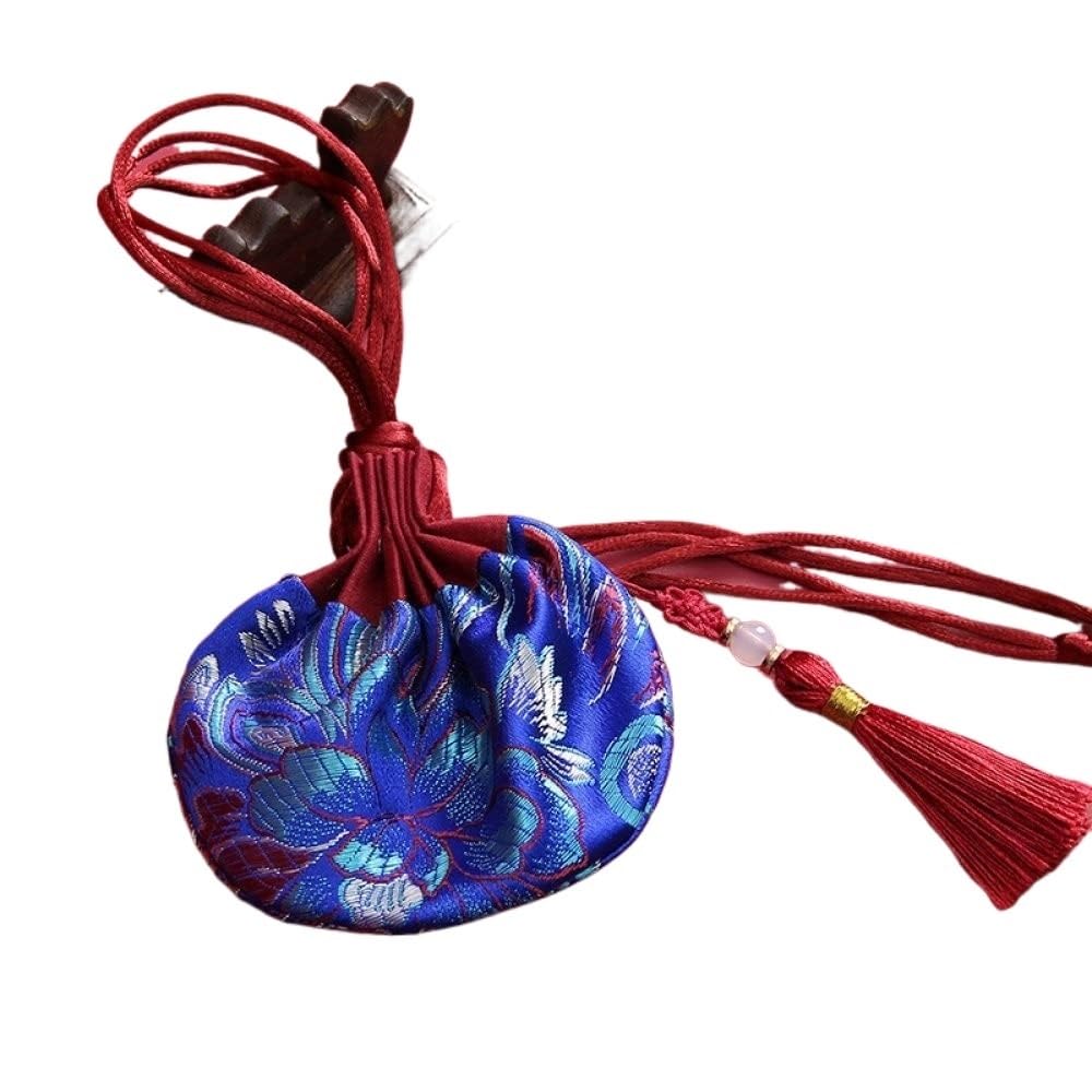 Jedwabne brokatowe torby na biżuterię, 4 szt. Haftowane saszetki ze sznurkiem 10x12 cm Wielokolorowe z frędzlami na monety jubilerskie(Blue)