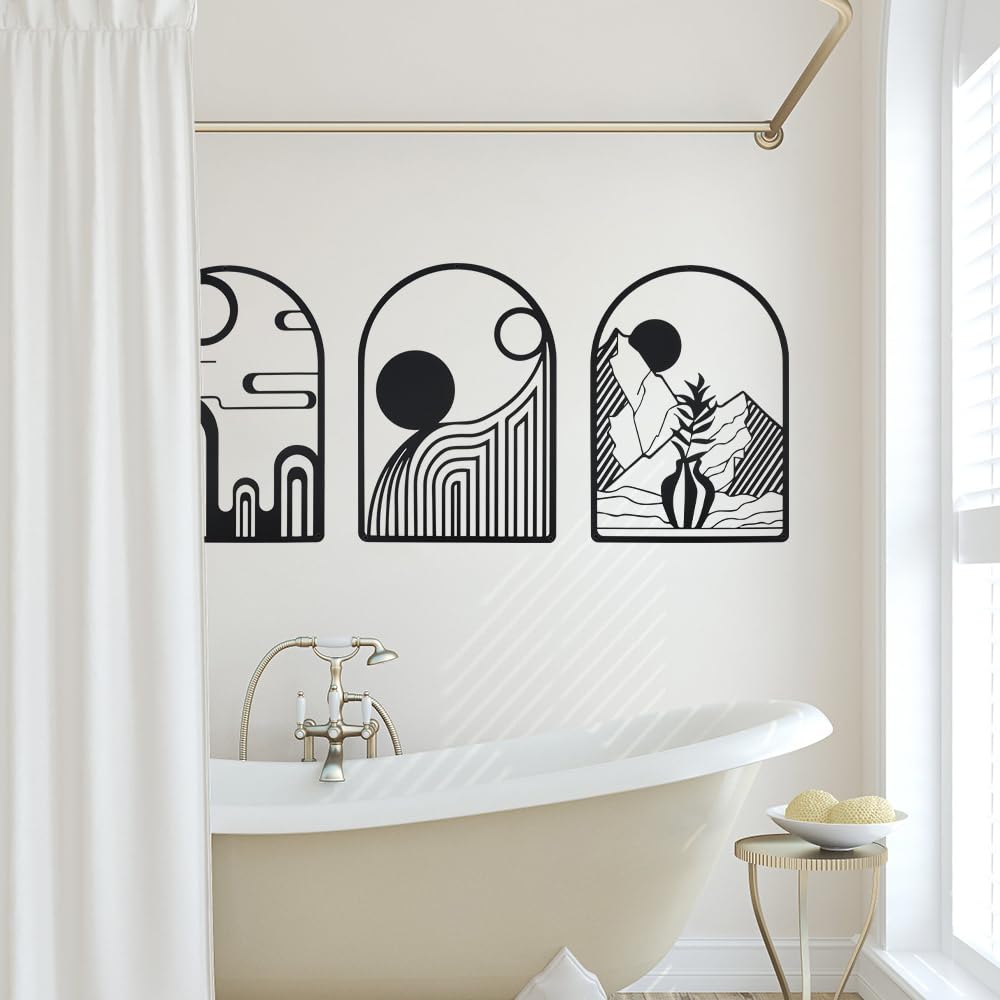 3 piezas de decoración de pared de metal negro, arte de pared abstracto bohemio, decoración de pared minimalista, línea bohemia, esculturas de pared con textura para casa, dormitorio, sala de estar