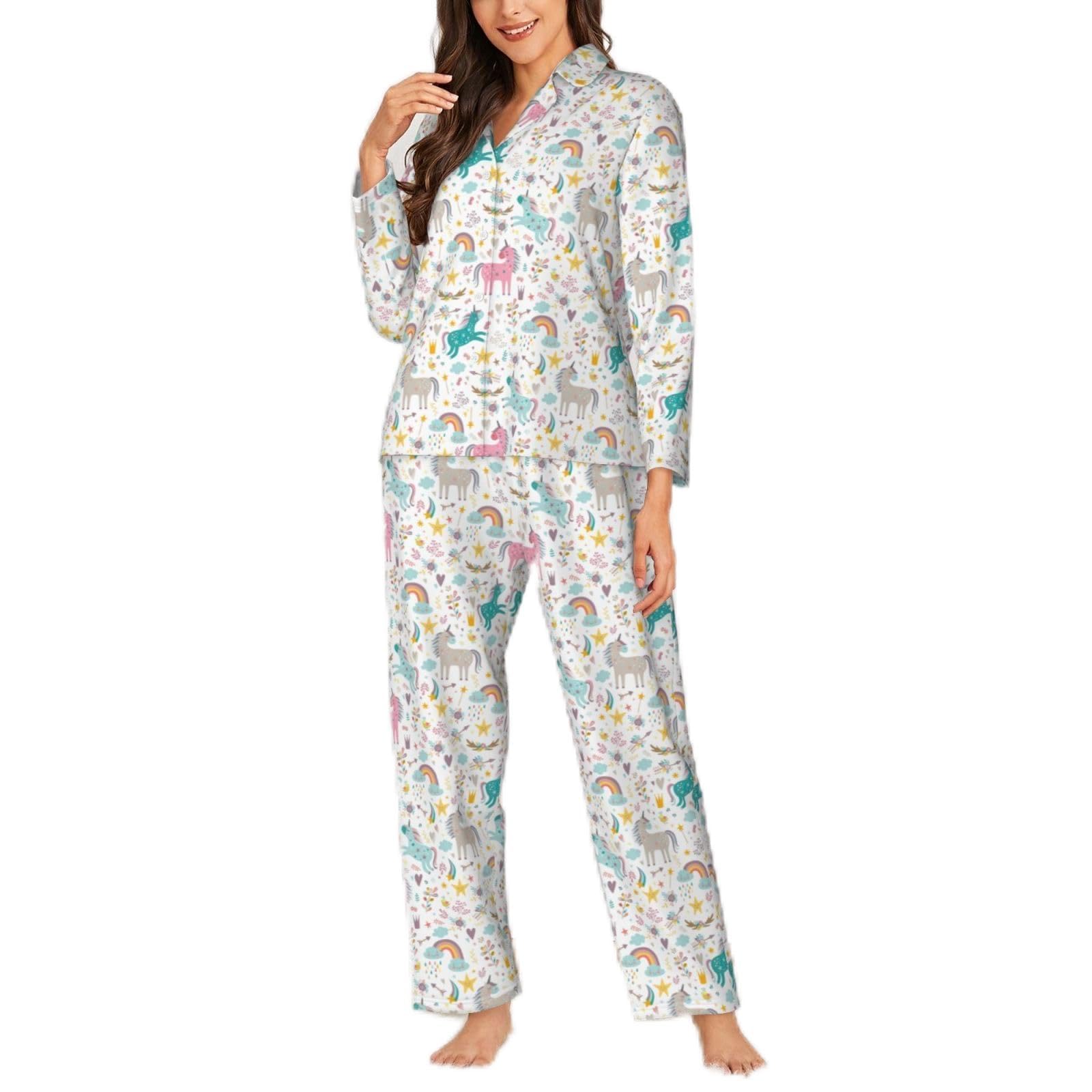 Yyoretp Women's Black Unicorns Pink Print Long Sleeve Pajamas Button Down 2 Piece Pjs With Pockets,Warm Sleepwear