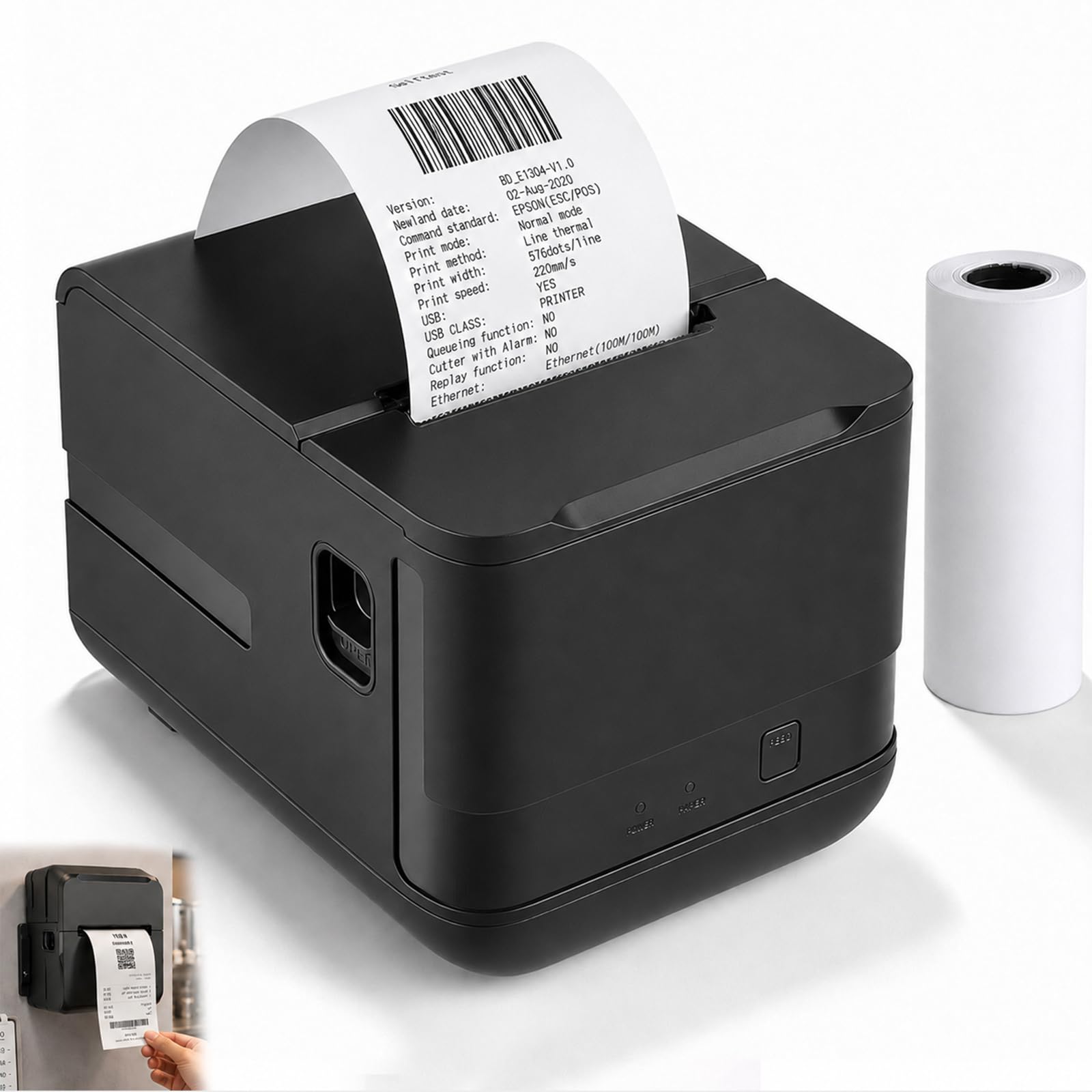 Bondrucker 80mm, 300mm/s Thermobondrucker mit USB Serial LAN Port Thermo Belegdrucker Quittungsdrucker mit Auto Cutter Kassenschublade Minidrucker Unterstützt ESC/POS für Windows/Mac/Linux