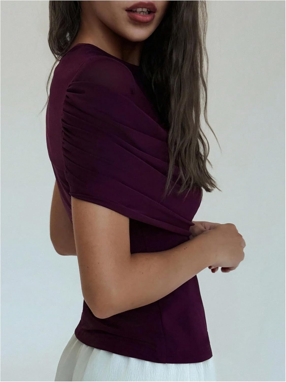 Milumia Women's Ruched Short Sleeve Mesh Top Elegant Cinched Waist Dressy Casual Tops - Image 3