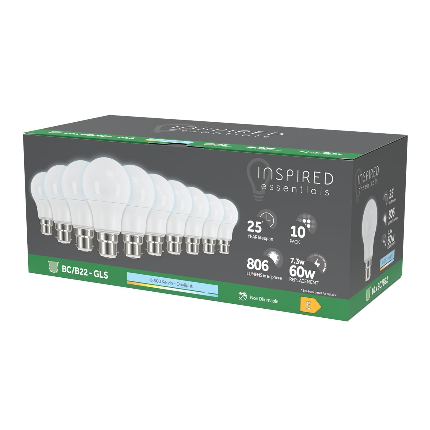 60W Bayonet B22 LED Light Bulb Daylight 6500K, 60 Watts Equivalent Replacement, Last up to 25000 Hours, 7.3W BC/B22 GLS Light Bulbs, 806 Lumen, Non-Dimmable, Value Pack of 10, Energy Saving Light Bulb