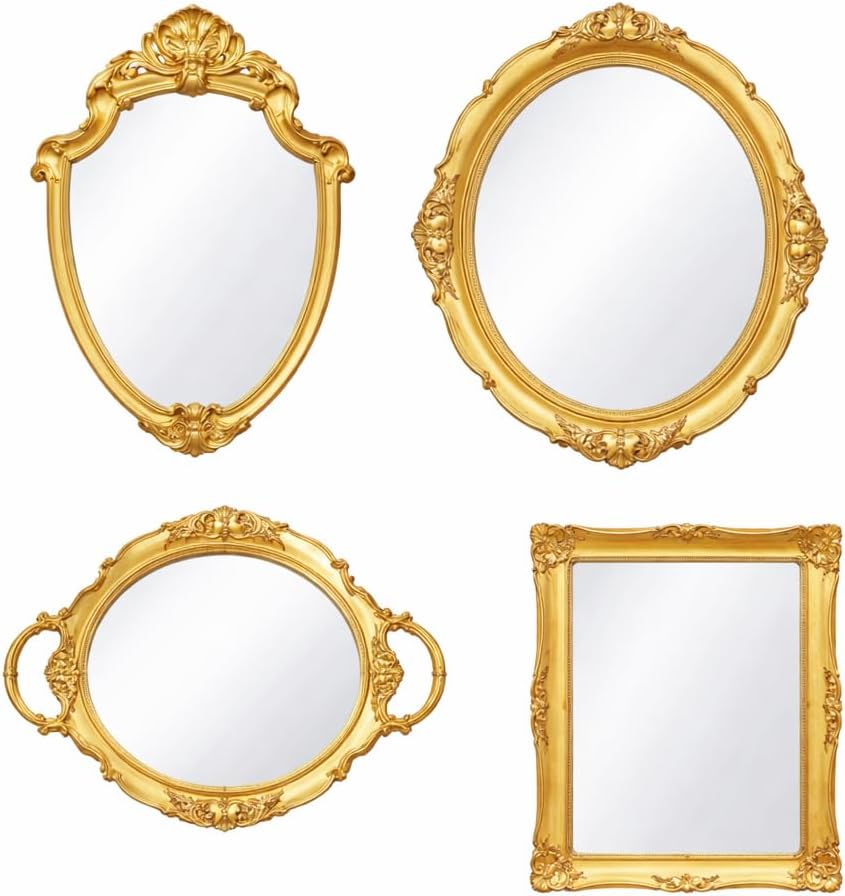 Adkoat® 4PCS Vintage Gold Mirror for Wall: 2-in-1 Antique Ornate Mirror Tray - Vanity Perfume Jewelry Desktop Dresser Organizer for Bedroom Bathroom Wedding