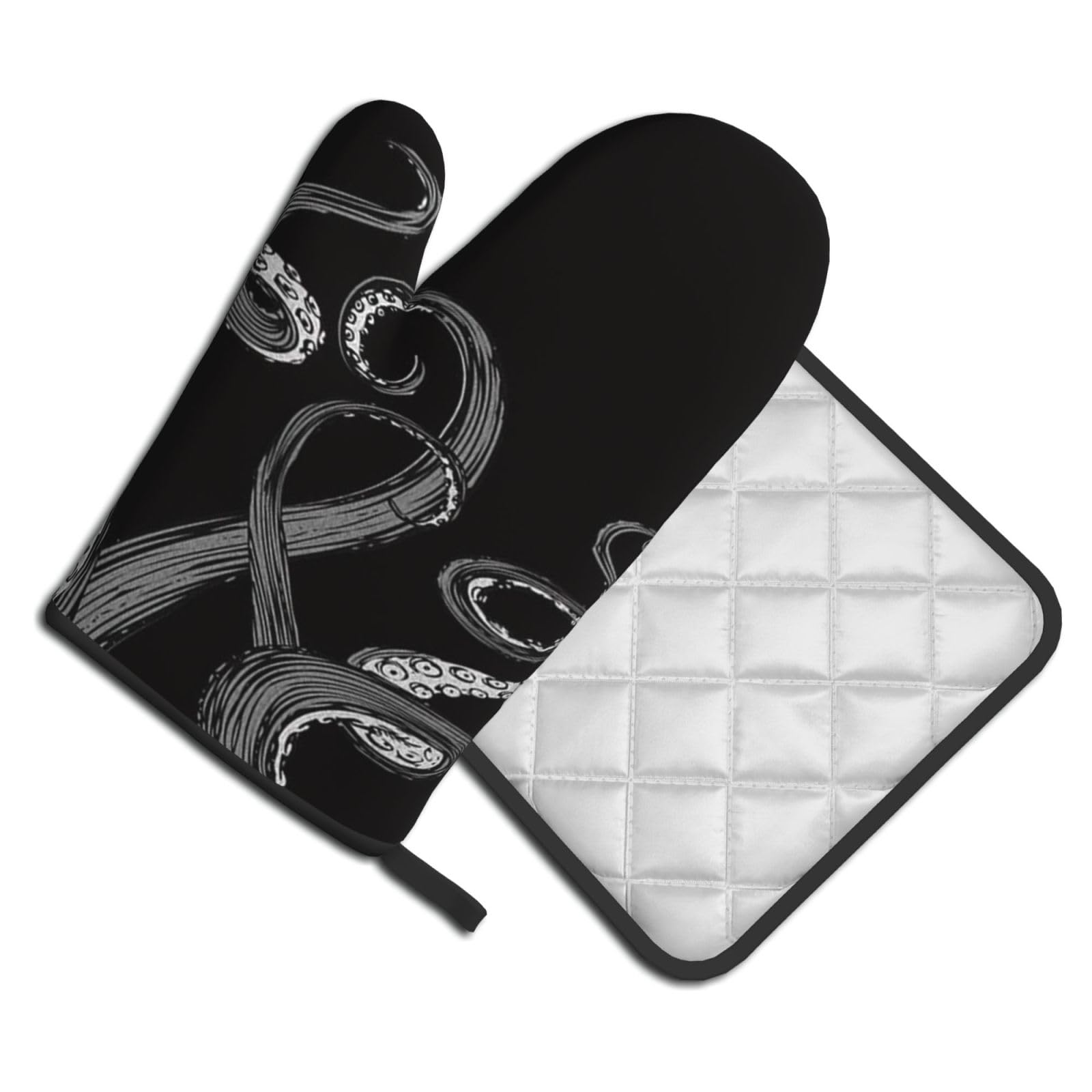 Oven Mitts and Pot Holders Set of 2 Pcs, Octopus Tentacle Printed Heat Resistant Kitchen Gloves Potholders for Cooking Baking Grilling