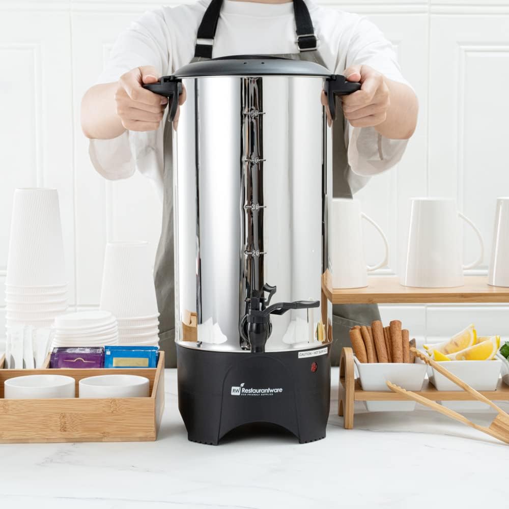 Restaurantware Restpresso 230 Ounce Coffee Dispenser 1 Single-Wall Large Coffee Urn - 120V/1000W Serves 46 Cups Silver 13/0 Stainless Steel Hot Water Urn No-Drip Spigot Sight Gauge