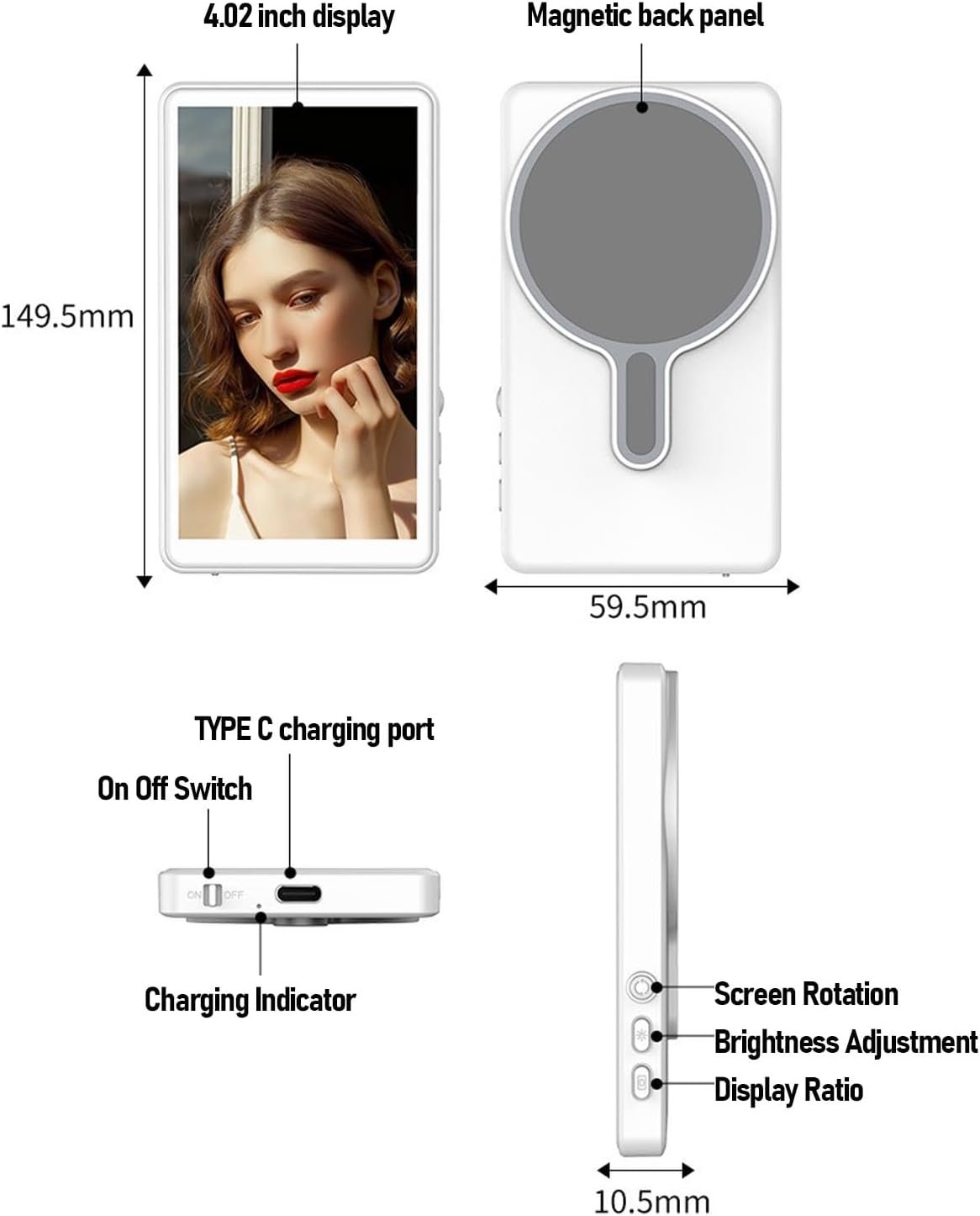 Magnetic Phone Selfie Screen, 4.02 Inch HD AI Recognition Vlog Selfie Screen, Wireless Rear Back Camera Adjustable Brightness for Android Phone Vlog Live Stream TikTok