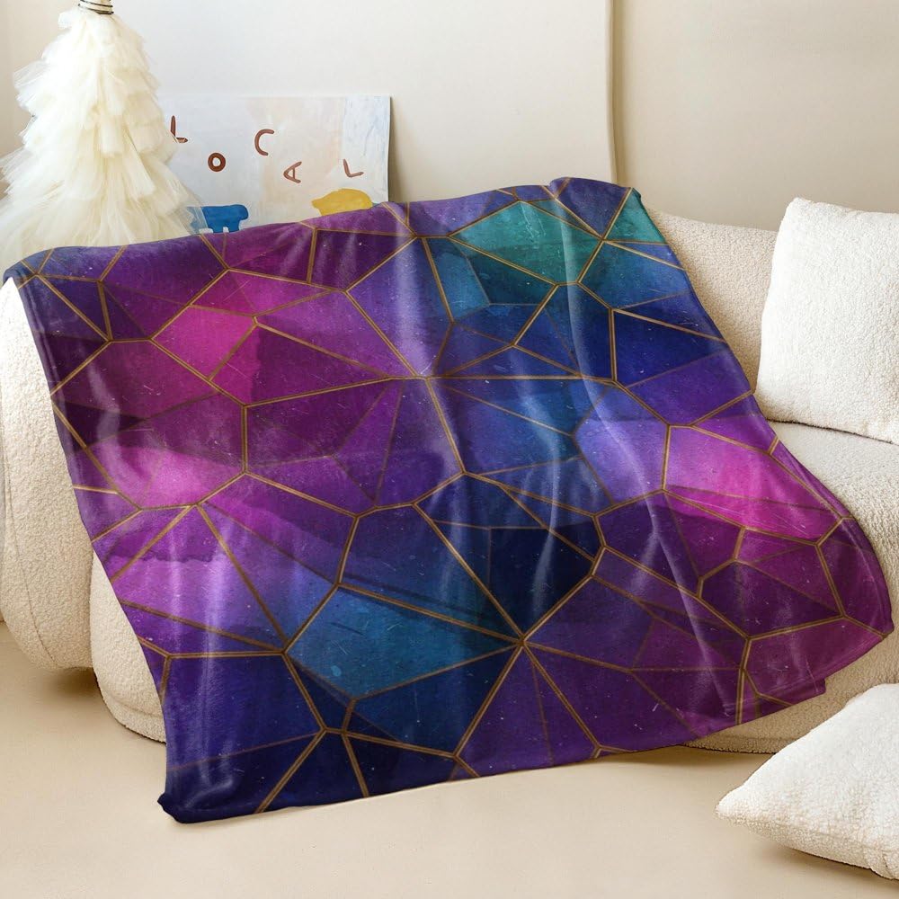 Couverture flanelle pierres précieuses bleues et vertes 150x200cm, plaid adulte abstrait moderne