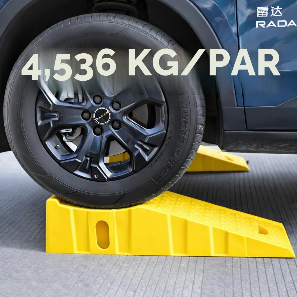 Juego de 2 Rampas de Elevación para Coche, Capacidad de 4,5 T por Pareja con Adhesivos Reflectantes Nocturnos, Amarillo