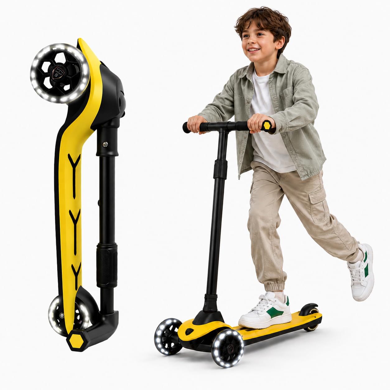 Toyana 3 Wheel Scooter for Kids with LED Light Up Wheels, Easy Foldable Toddler Scooter, Adjustable Height Handlebar Up To 77 cm, Lean to Steer Design for Boys & Girls Aged 3+ Years - Yellow