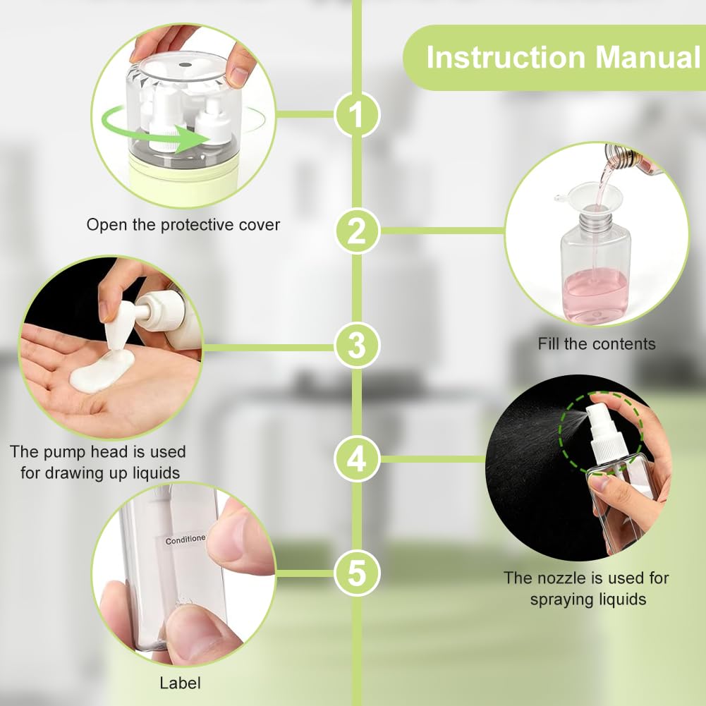 Set di bottiglie da viaggio 4 in 1, 50 ml, 2 testine spray e 2 testine per lozione, a prova di perdite, con etichette, accessori da viaggio per aereo, bagaglio a mano, ufficio, impermeabile e stabile