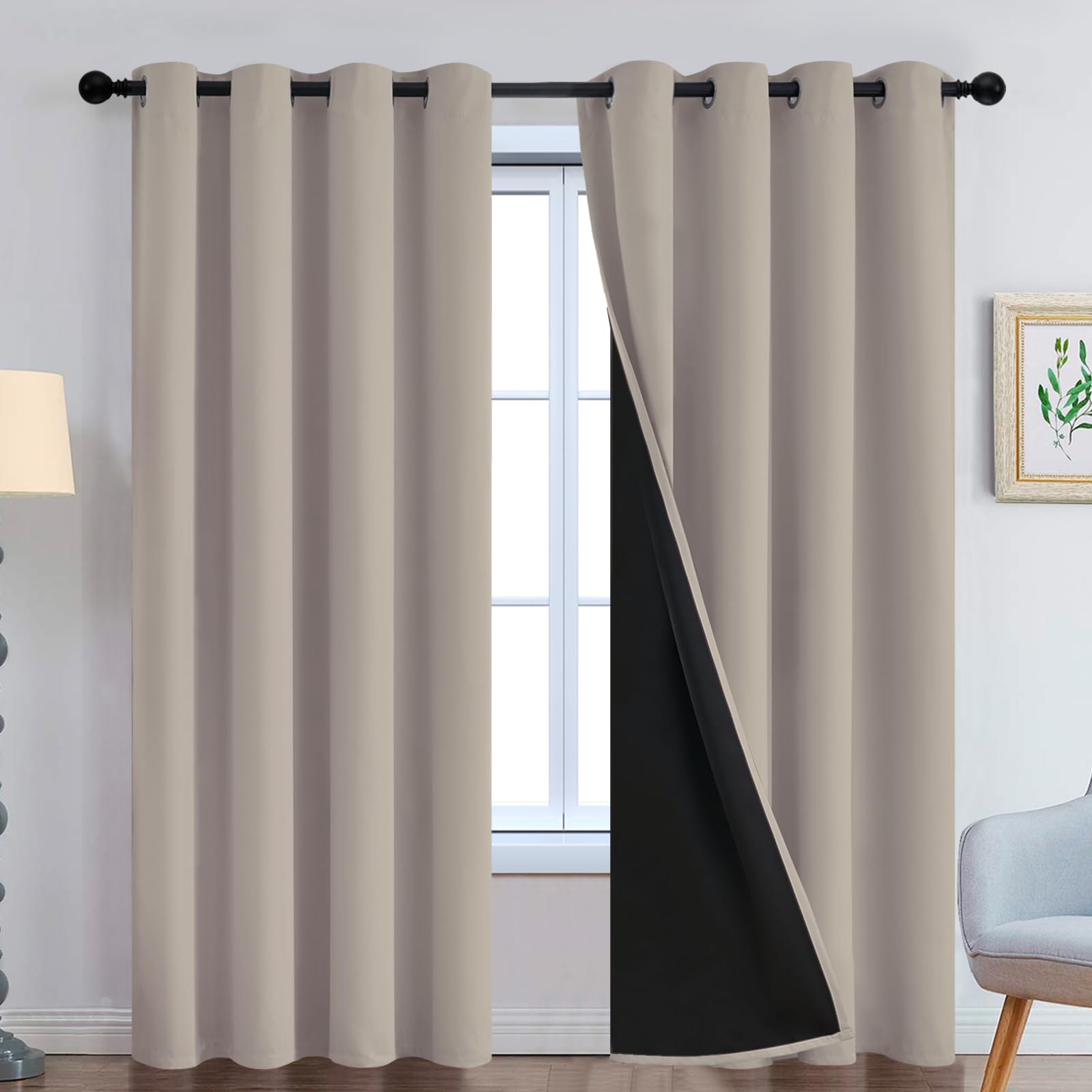yakamok 100% blackout curtains 84 inches long, 1 thick layers heat and full light blocking soft thermal insulated drapes for bedroom(52" wide each panel, natural, 2 panels)