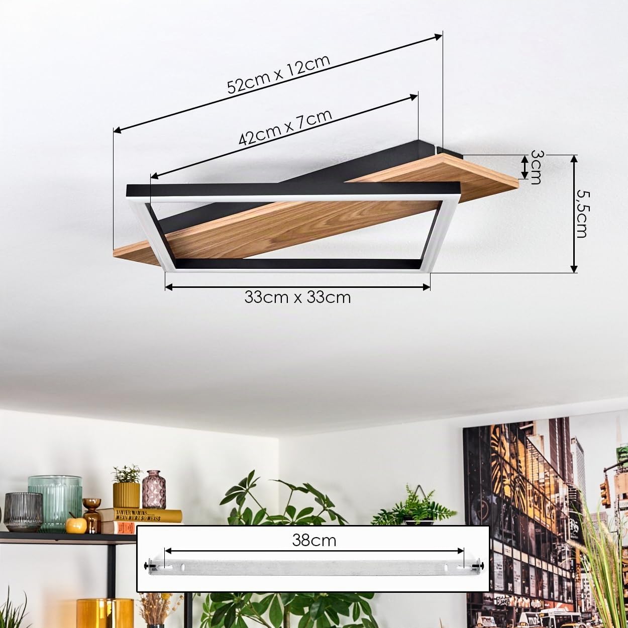 Plafonnier LED Cabanas HOFSTEIN, plafonnier en métal/plastique noir/aspect bois/blanc, luminaire au design moderne, 18 watts, 1850 lumens, salle à manger, salon, chambre à coucher, cuisine