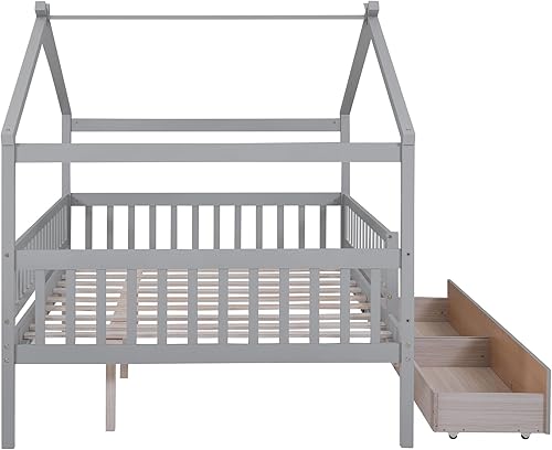 Miniatura 5 de Montessori Cama para niños, cama de plataforma de tamaño matrimonial con 2 cajones de almacenamiento, barandillas, techo, cama de almacenamiento