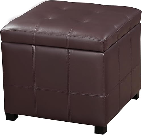 Miniatura 15 de Homebeez Taburete otomano de almacenamiento de piel sintética copetudo, cuadrado con tapa abatible (marrón) Marrón,Grano de cuero envejecido