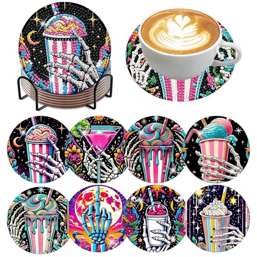 Lophomie 8 Pcs Diamond Art Coasters Kits for Adults with Holder Cork Pads, Diamond Painting Coasters, Diamond Dots Coaster Art Crafts Kit DIY Non-Slip for Home Office Decor 4x4in(Skull Theme)