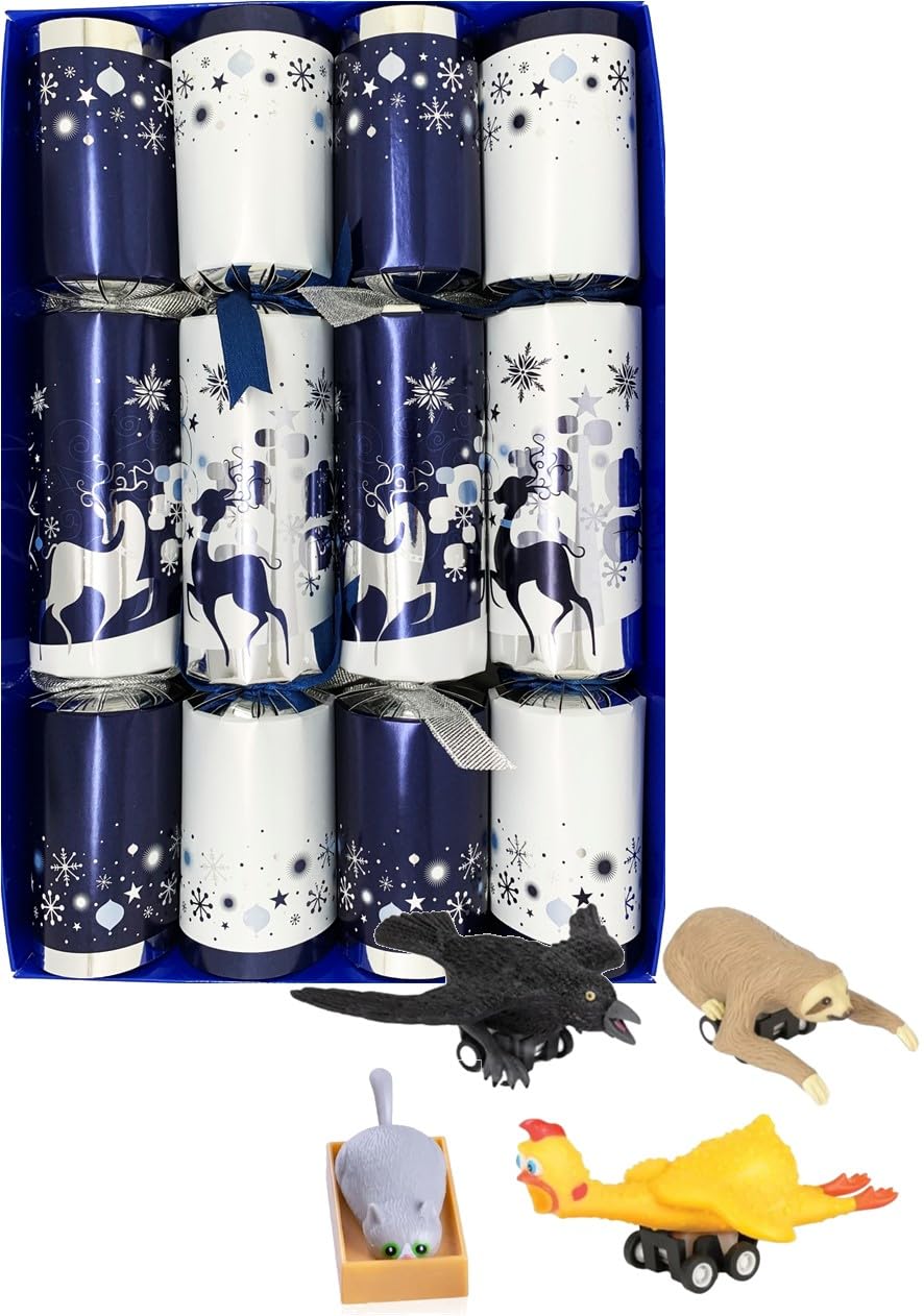 Crackers Ltd Blue, Silver, White Christmas Crackers Set, Blue And White Snowy Forest Design, Pull-Back Animal Racing Toys Inside, 6 Pack