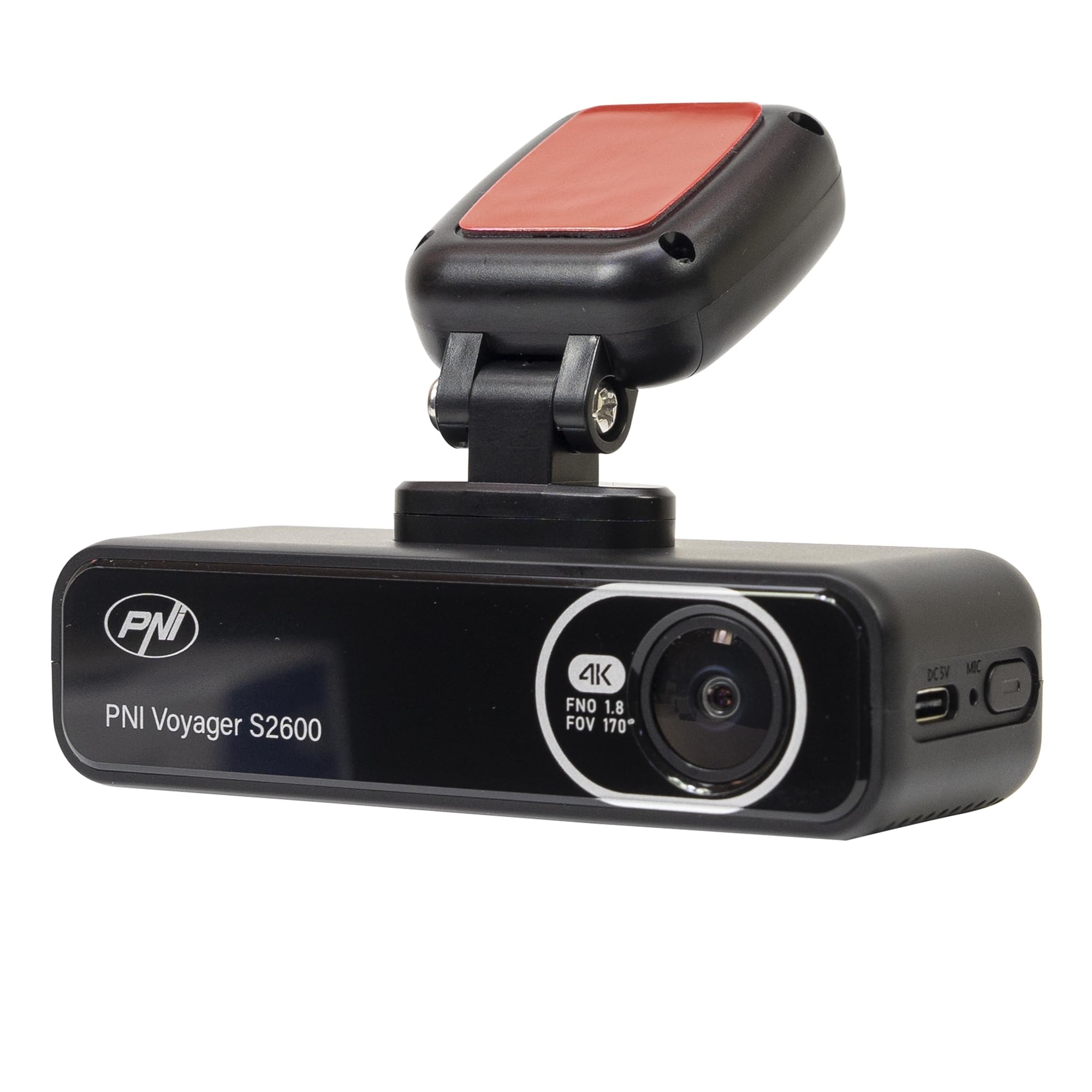 Front view of the PNI Voyager S2600 Dash Cam, showing the lens, PNI logo, and model number.