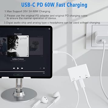 USB C to 3.5mm Audio Adapter, Aux Headphone Jack Splitter with Fast Charging Port, Type-C to Dual Earphone Converter