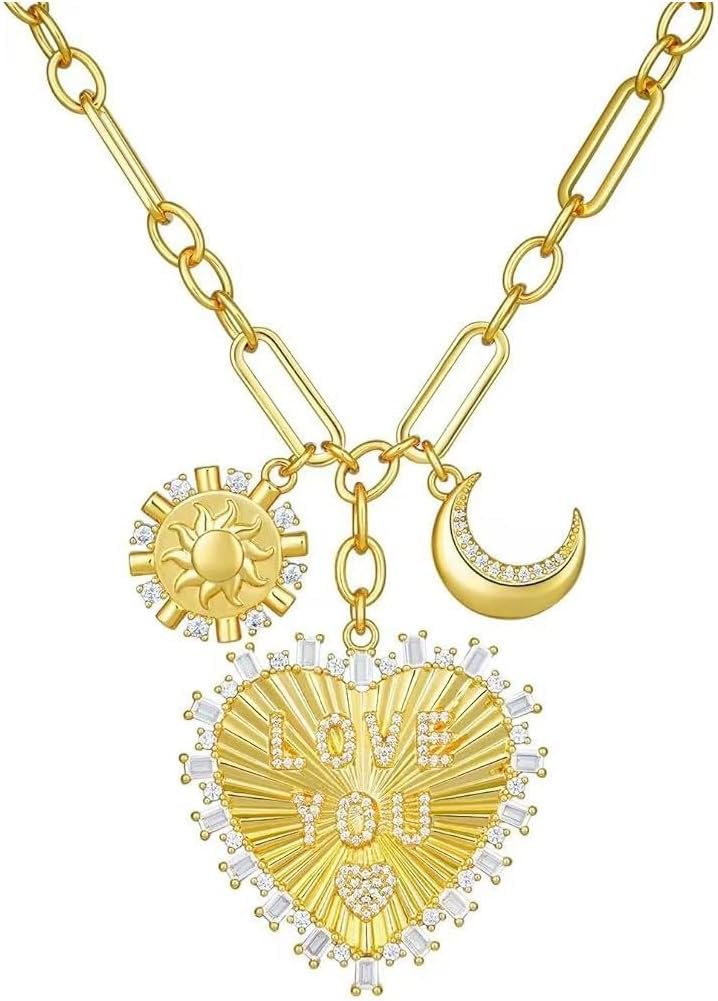 Charm Chunky Heart Butterfly Pendant Necklace Gold Plating Paperclip Chain for Women