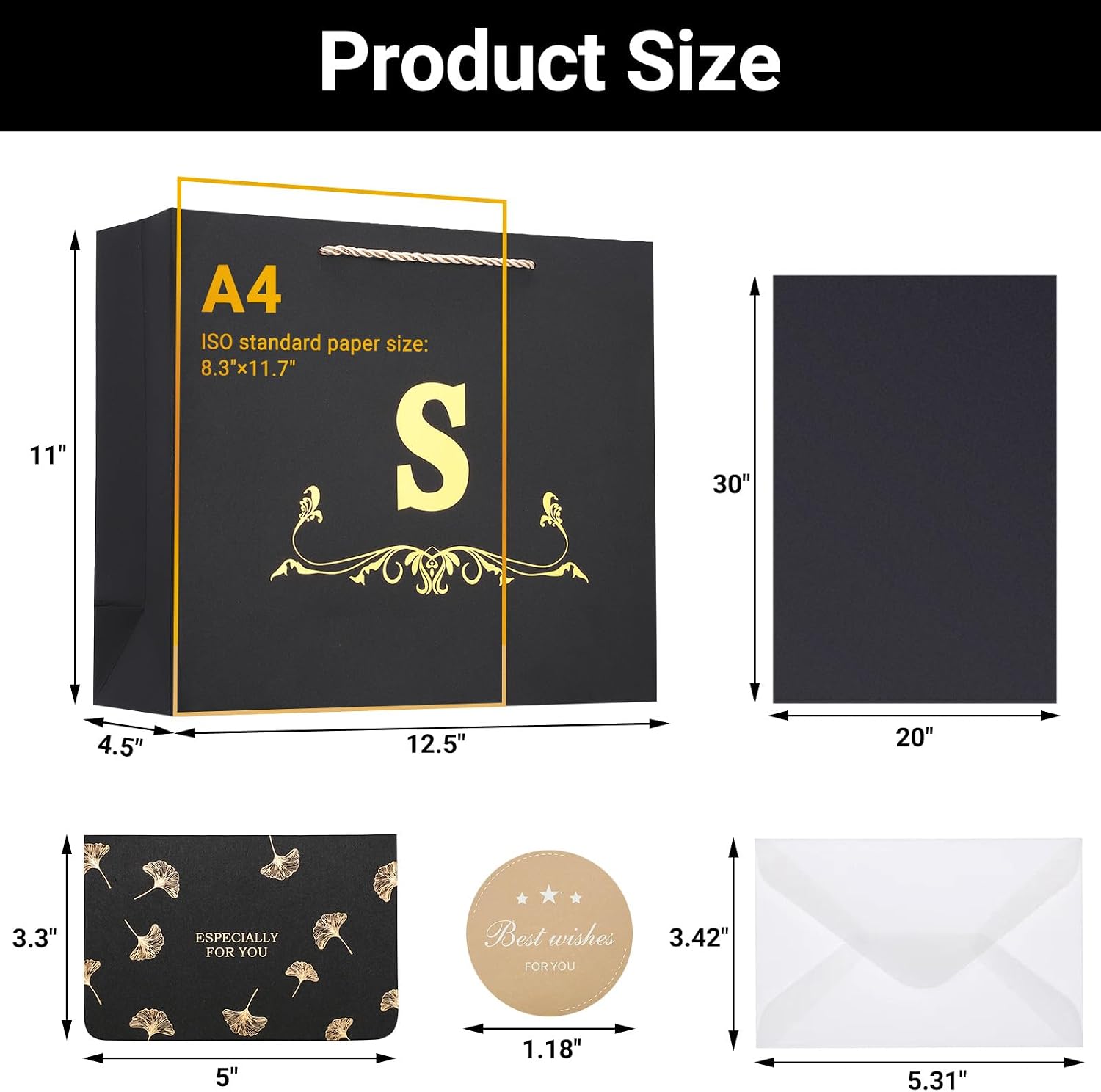 EUSOAR Birthday Gift Bags for Men, 1pcs 12.5"x4.5"x11" Black Personalized Large Initial Paper Bags with Handles Tissue Paper Card, Monogrammed Gift Bag for Men Women Anniversary Wedding Party-Letter S