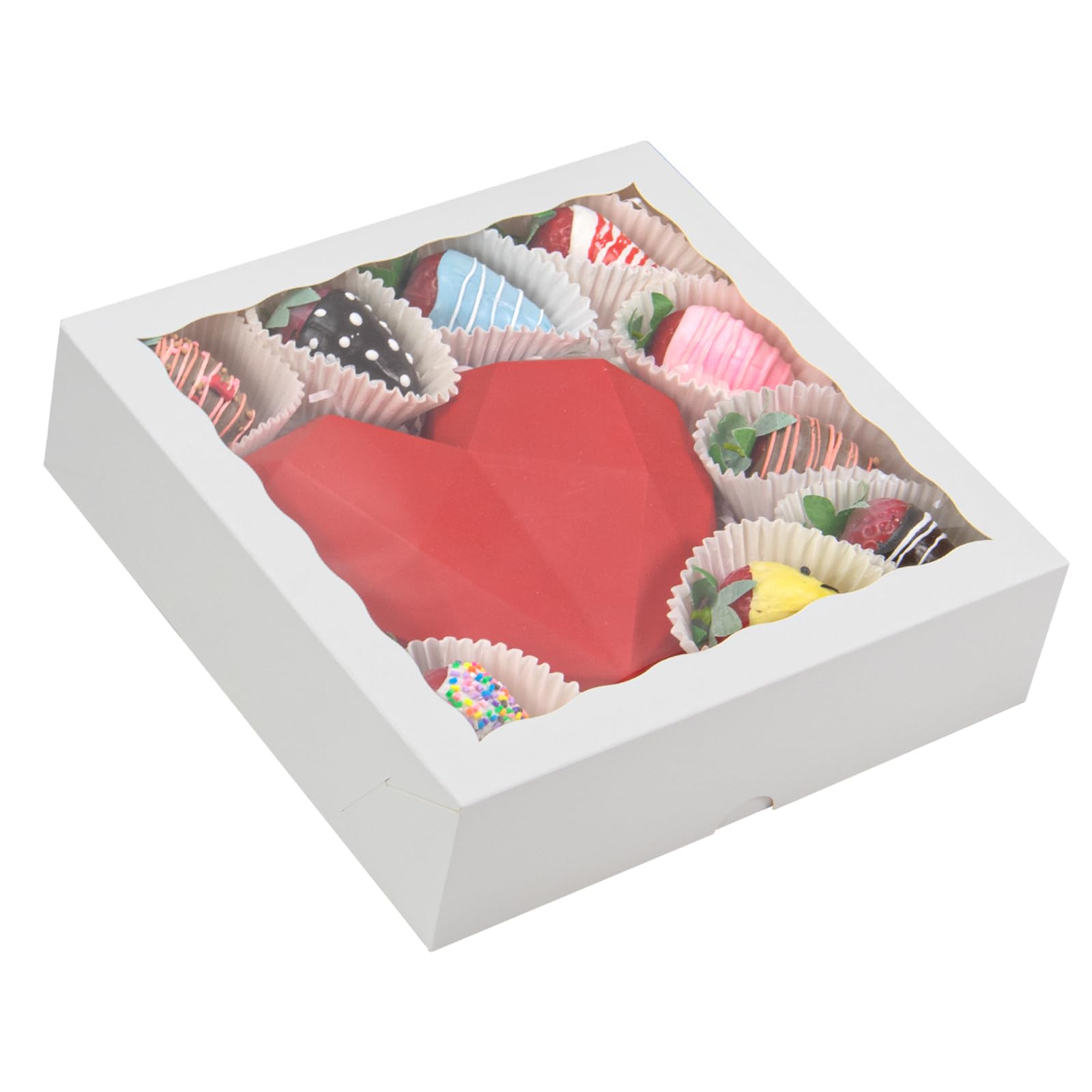 RomanticBaking 14 cajas de panadería de 9 x 9 x 2.5 pulgadas con ventana, cajas de corazón rompibles, cajas de fresas cubiertas de chocolate, cajas de galletas