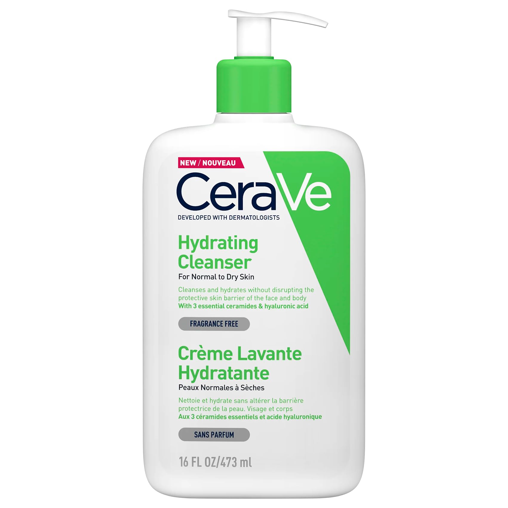 CeraVe - Crème Lavante Hydratante - Visage & Corps - Nettoie et Hydrate Sans Altérer la Barrière Cutanée - Aux 3 Céramides Essentiels + Acide Hyaluronique - Peau Normale à Sèche - 473 ml