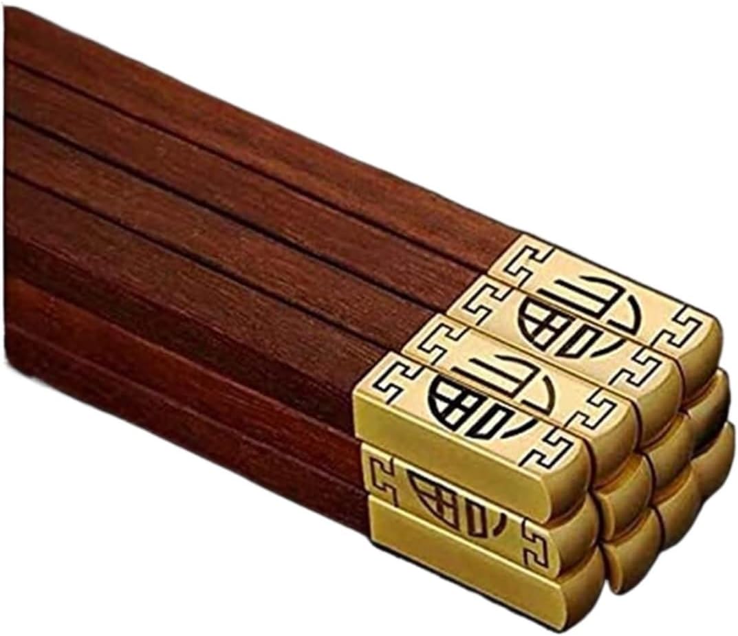 10 Pairs Chopsticks Natural Wood High-Grade Alloy Decoration Non-Slip,25 cm Reusable Dishwasher Safe(Brown R)