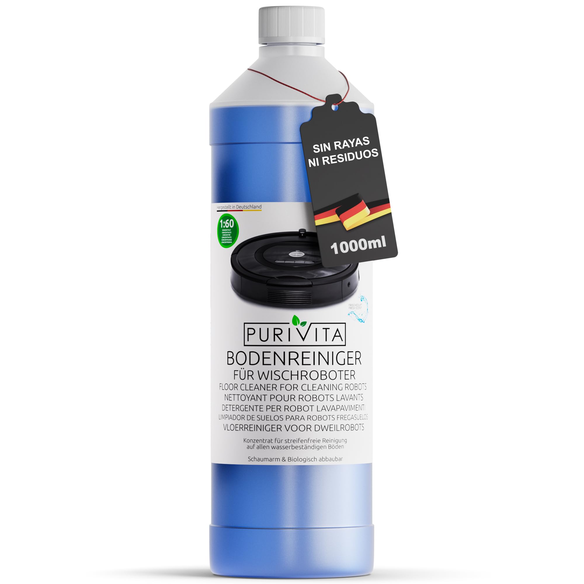 PURIVITA® Detergente Robot Aspirador 1L - Líquido para Robot Friegasuelos - Limpia Suelos para Robots Aspiradores
