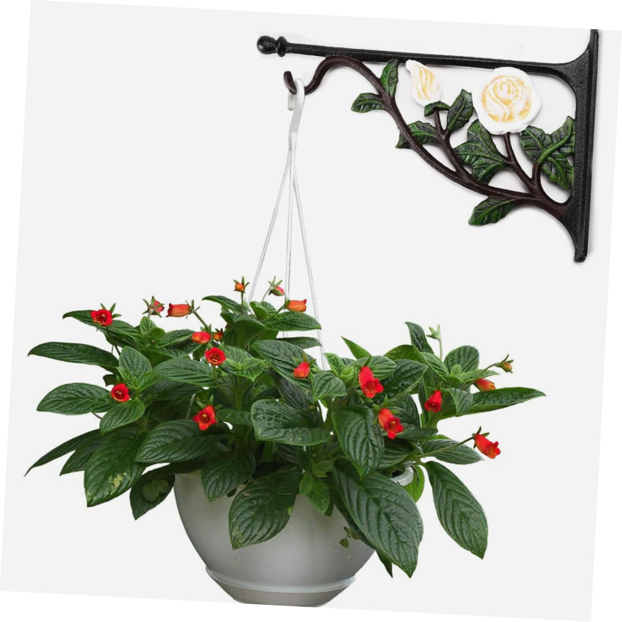 Mipcase Gancio per Mangiatoia Uccelli e Vaso di Fiori in Ferro Bianco Motivo Rosa, Supporto da Parete Resistente Antiruggine per Balcone Giardino e Decorazioni Esterne, Portavasi