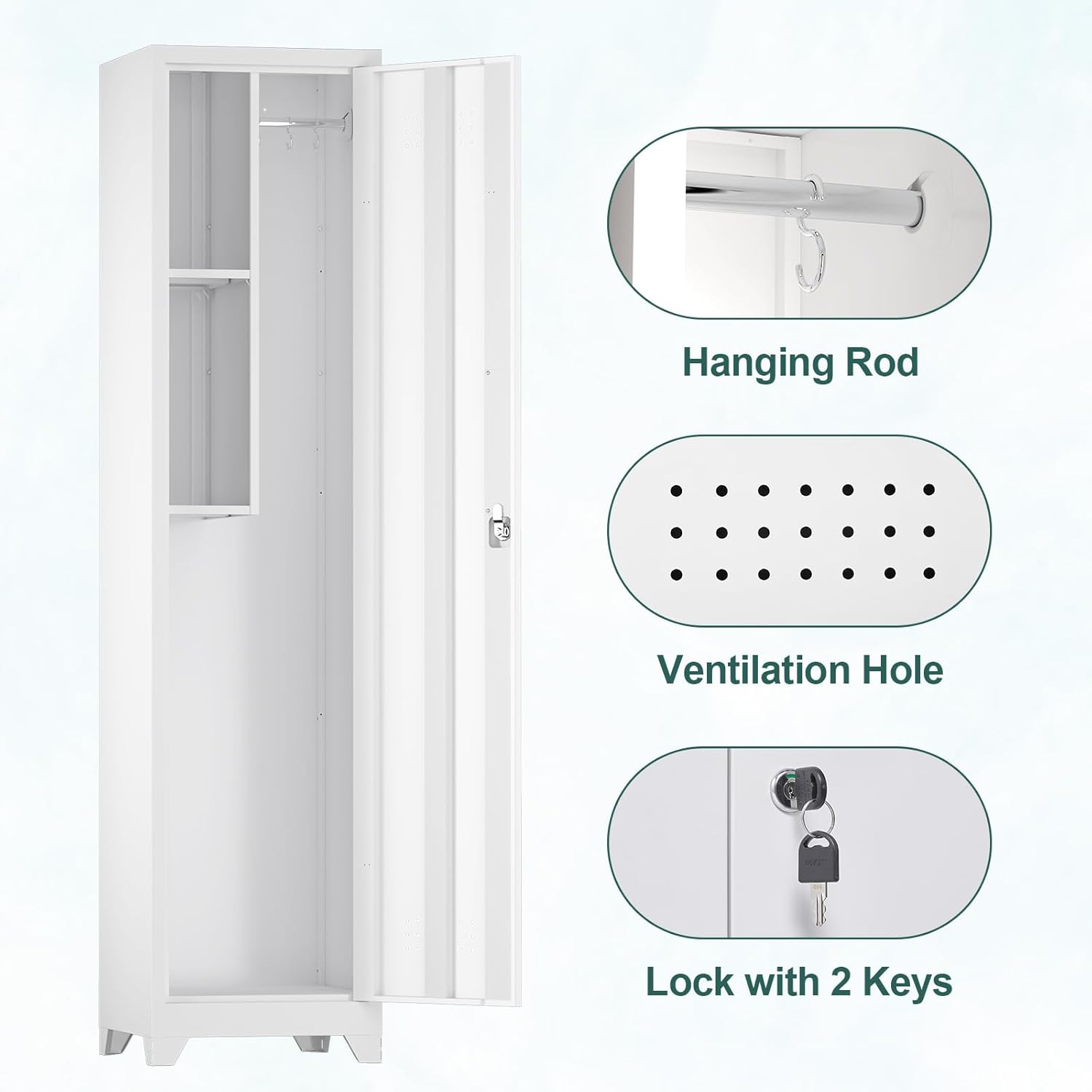 Slim Broom Storage Cabinets, Metal Cabinet with Shelves and Hanging Rod, 15.75" W Utility Storage Cabinet with Locking Door, Slim Cabinet for Small Spaces, Kitchen, Pantry, Office, Shop