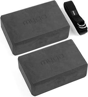 Myga Yoga Blocks & Strap Set - 2 High Density Foam Bricks and Metal D Ring Belt for Yoga, Pilates and Fitness - Support and Deepen Poses, Non-Slip and Lightweight for Home & Gym - Choice of Colour